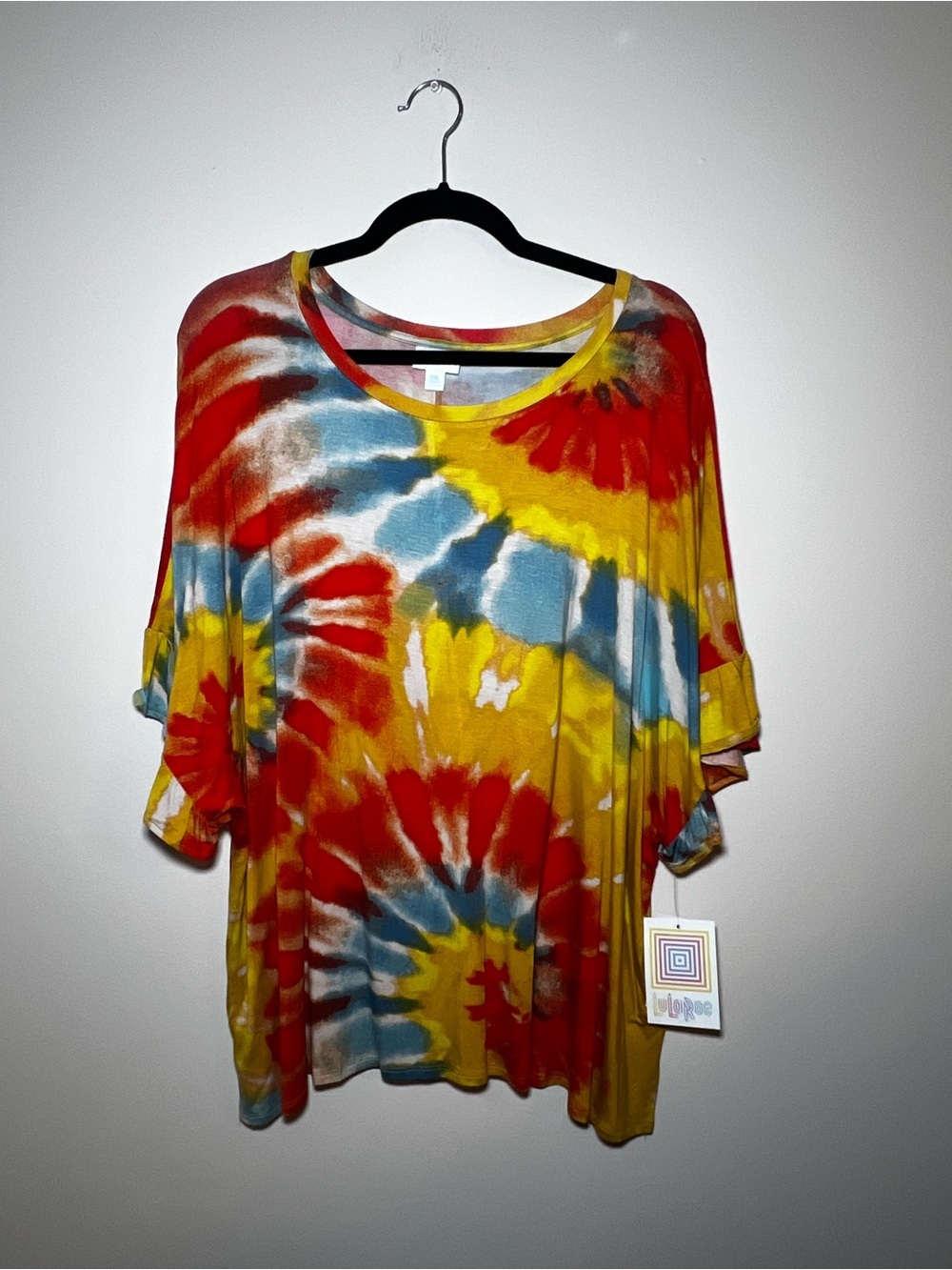 LuLaRoe Dahl Tie-Dye Crop Top - Yellow, Red & Blue